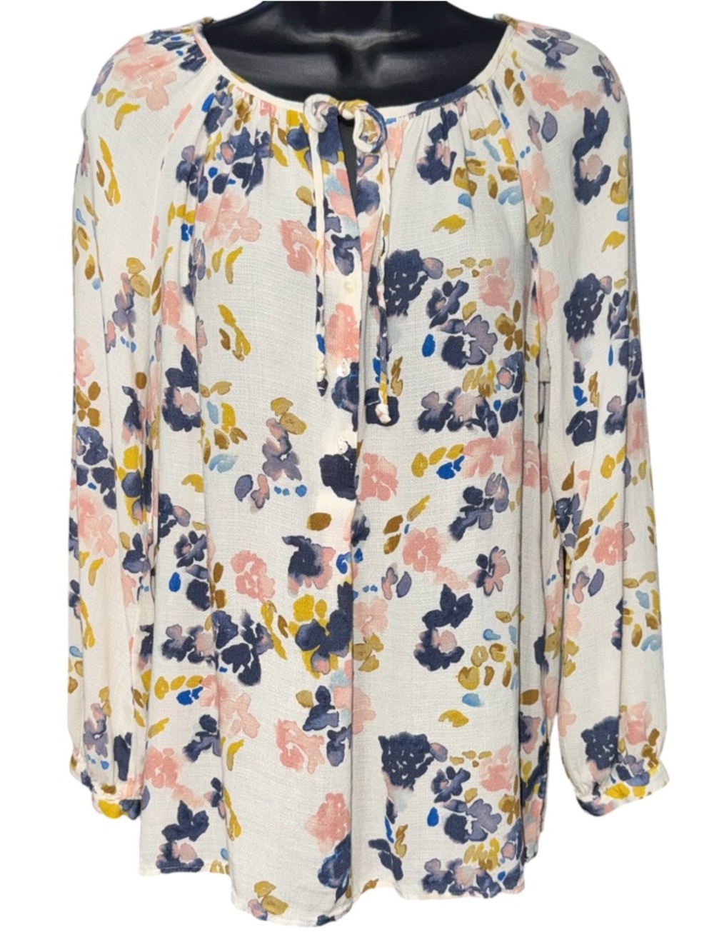 Lucky Brand Women’s Floral Peasant Blouse Button Cuff Boho Top M